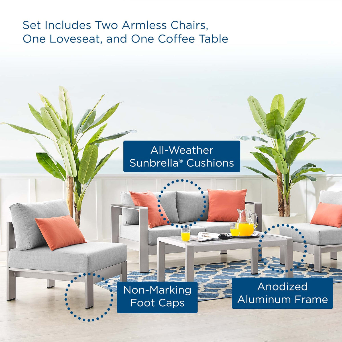 Ensemble d'extérieur Shore 4 pièces en aluminium et tissu Sunbrella®