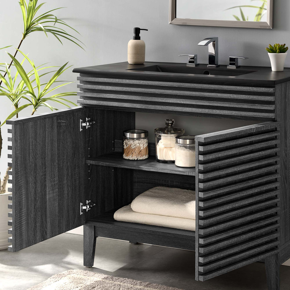 Rendu meuble-lavabo avec vasque noire incluse