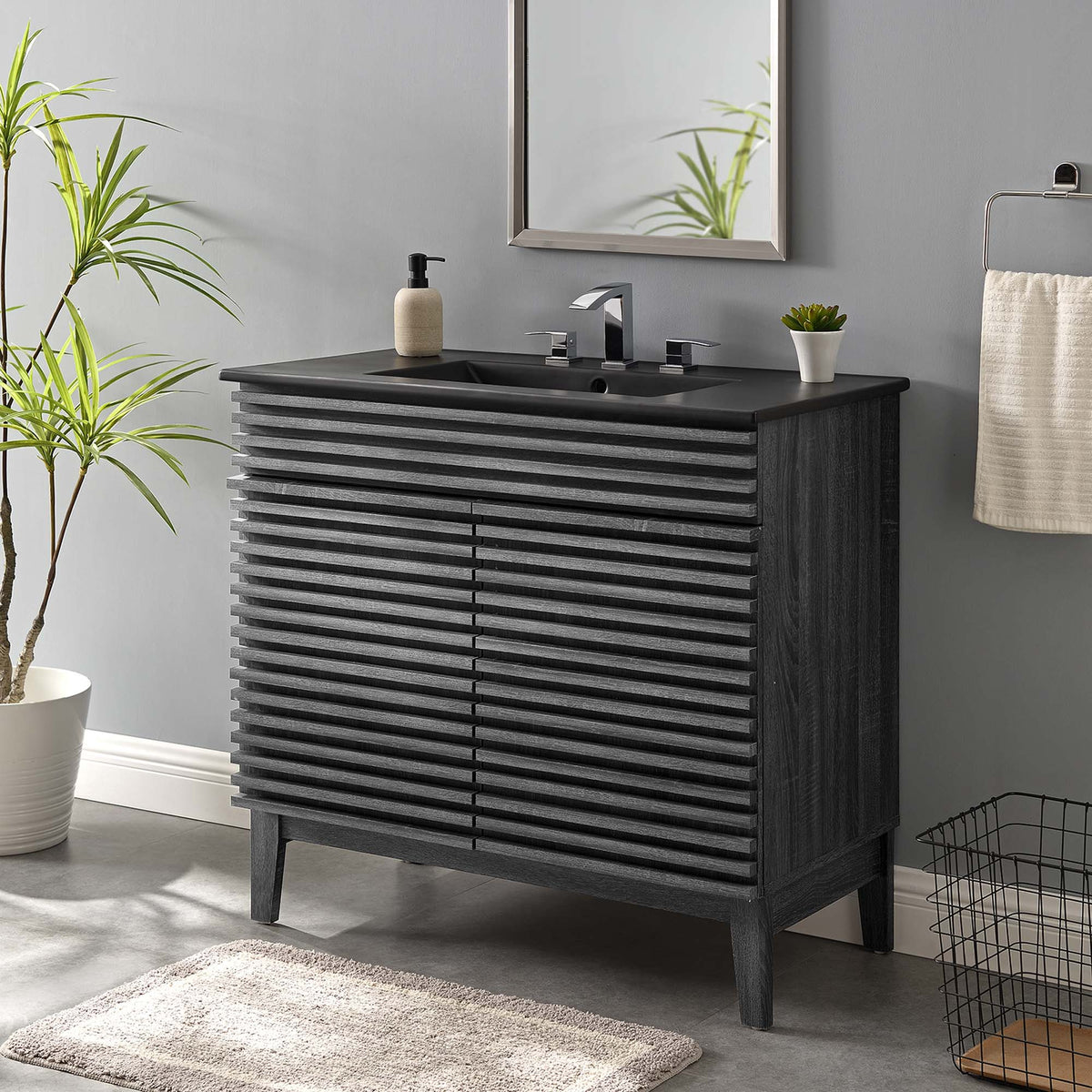 Rendu meuble-lavabo avec vasque noire incluse