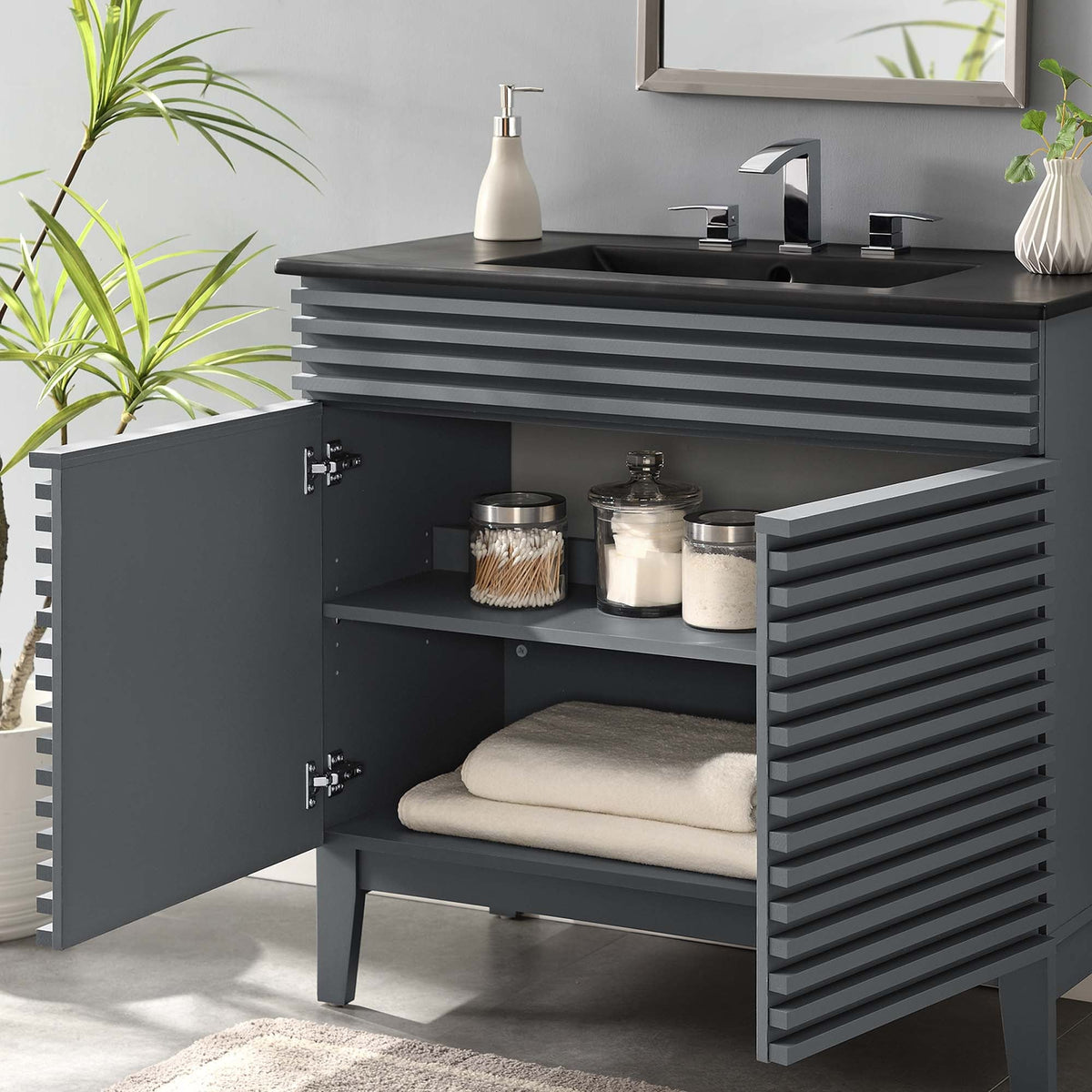 Rendu meuble-lavabo avec vasque noire incluse