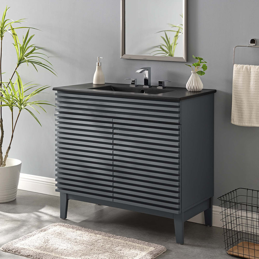 Rendu meuble-lavabo avec vasque noire incluse
