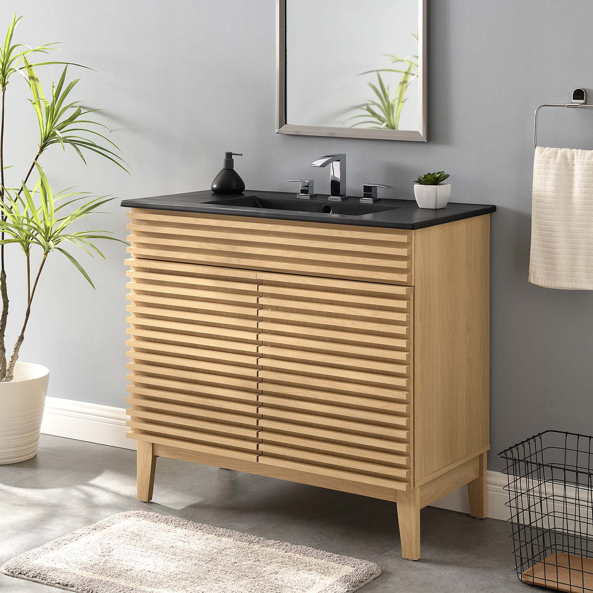 Rendu meuble-lavabo avec vasque noire incluse