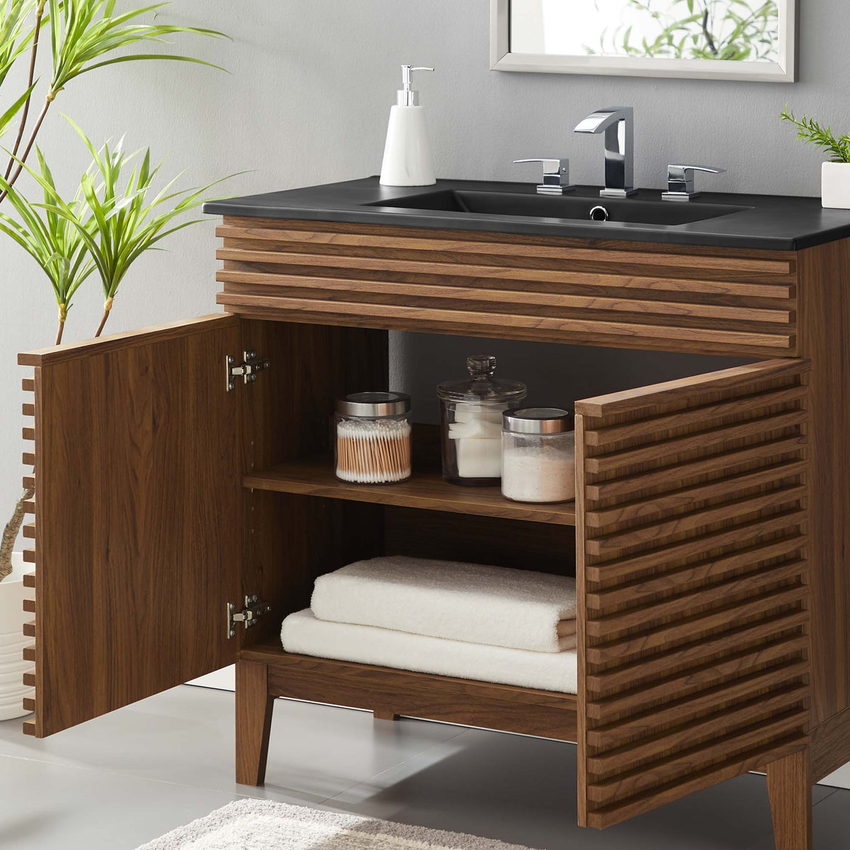 Rendu meuble-lavabo avec vasque noire incluse
