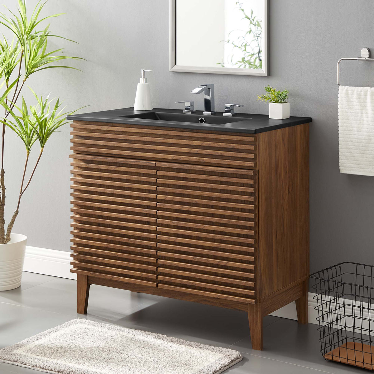 Rendu meuble-lavabo avec vasque noire incluse