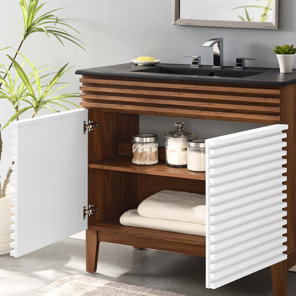 Rendu meuble-lavabo avec vasque noire incluse