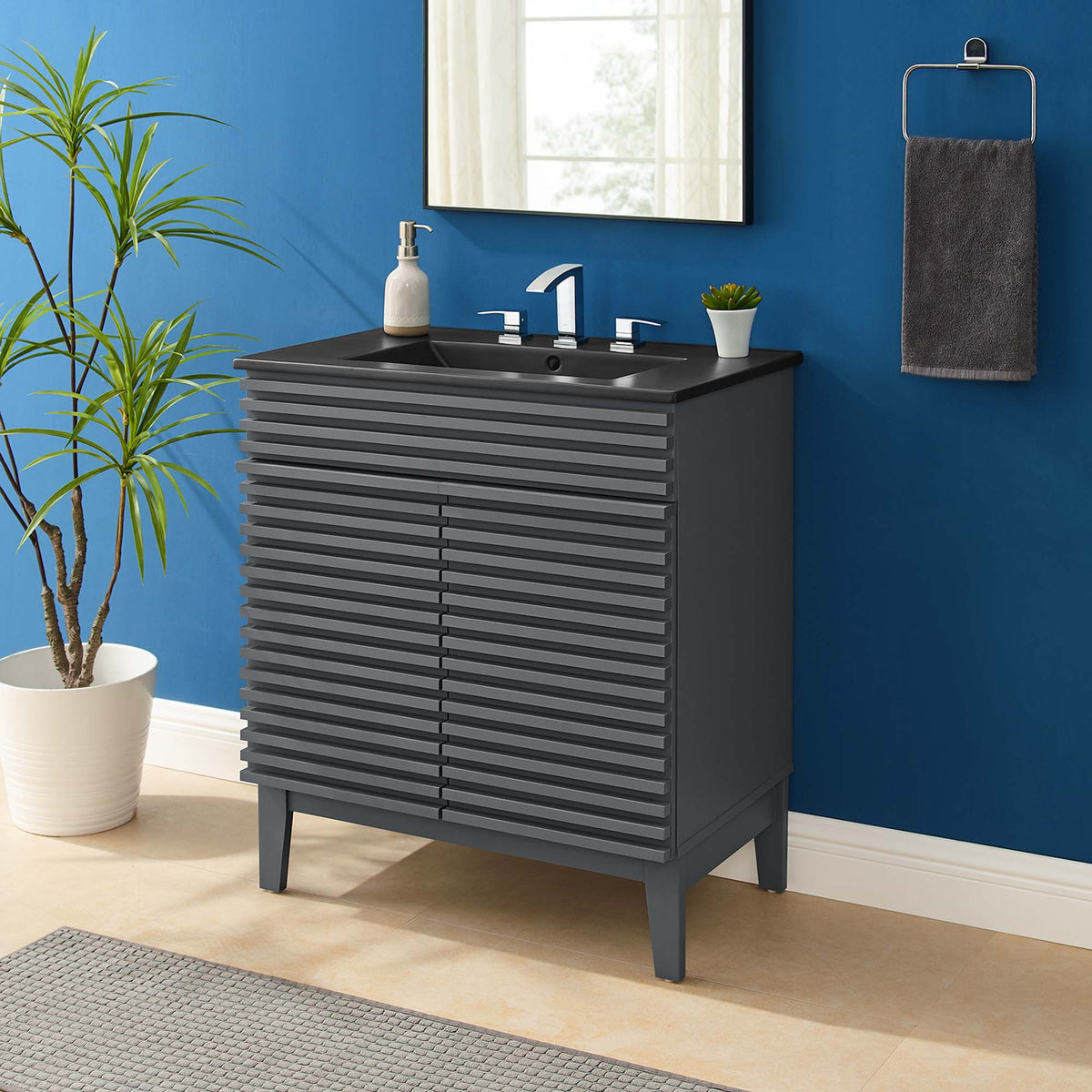 Rendu meuble-lavabo avec vasque noire incluse
