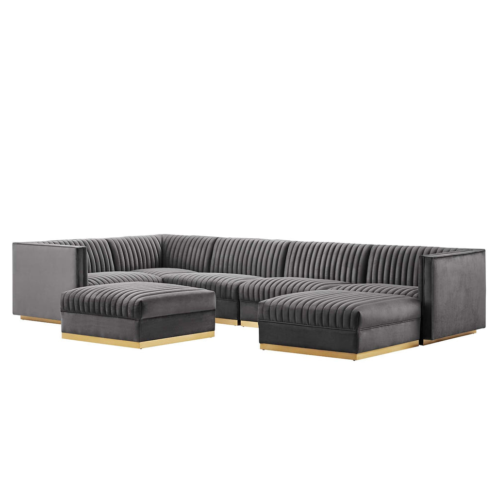 Canapé sectionnel modulaire à 7 places Sanguine, capitonné et tufté, en velours performant, côté gauche