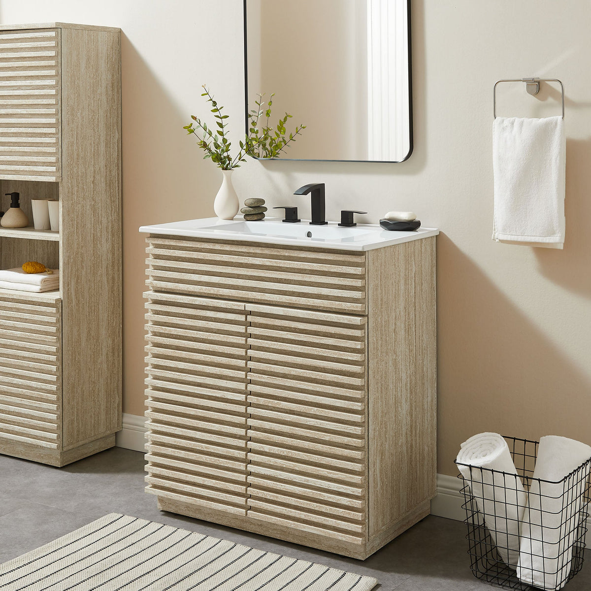 Rendu de meubles-lavabos de salle de bain de 30 et 36 po avec vasque blanche incluse