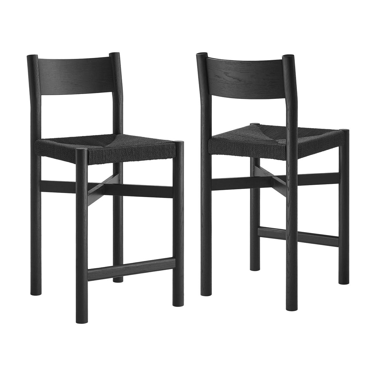 Tabourets de comptoir en bois de chêne Alvia avec assise tissée - Lot de 2