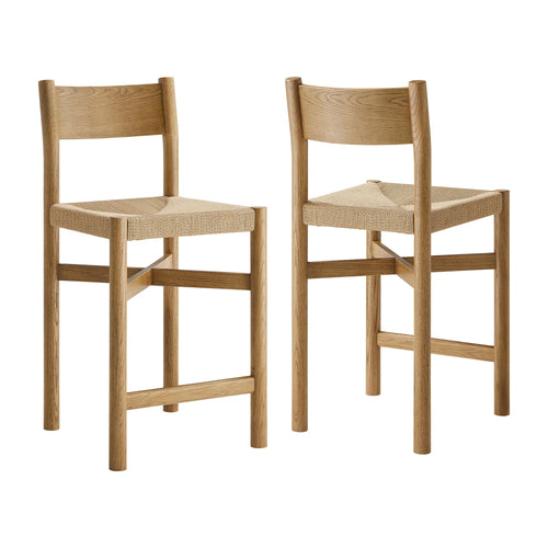 Tabourets de comptoir en bois de chêne Alvia avec assise tissée - Lot de 2