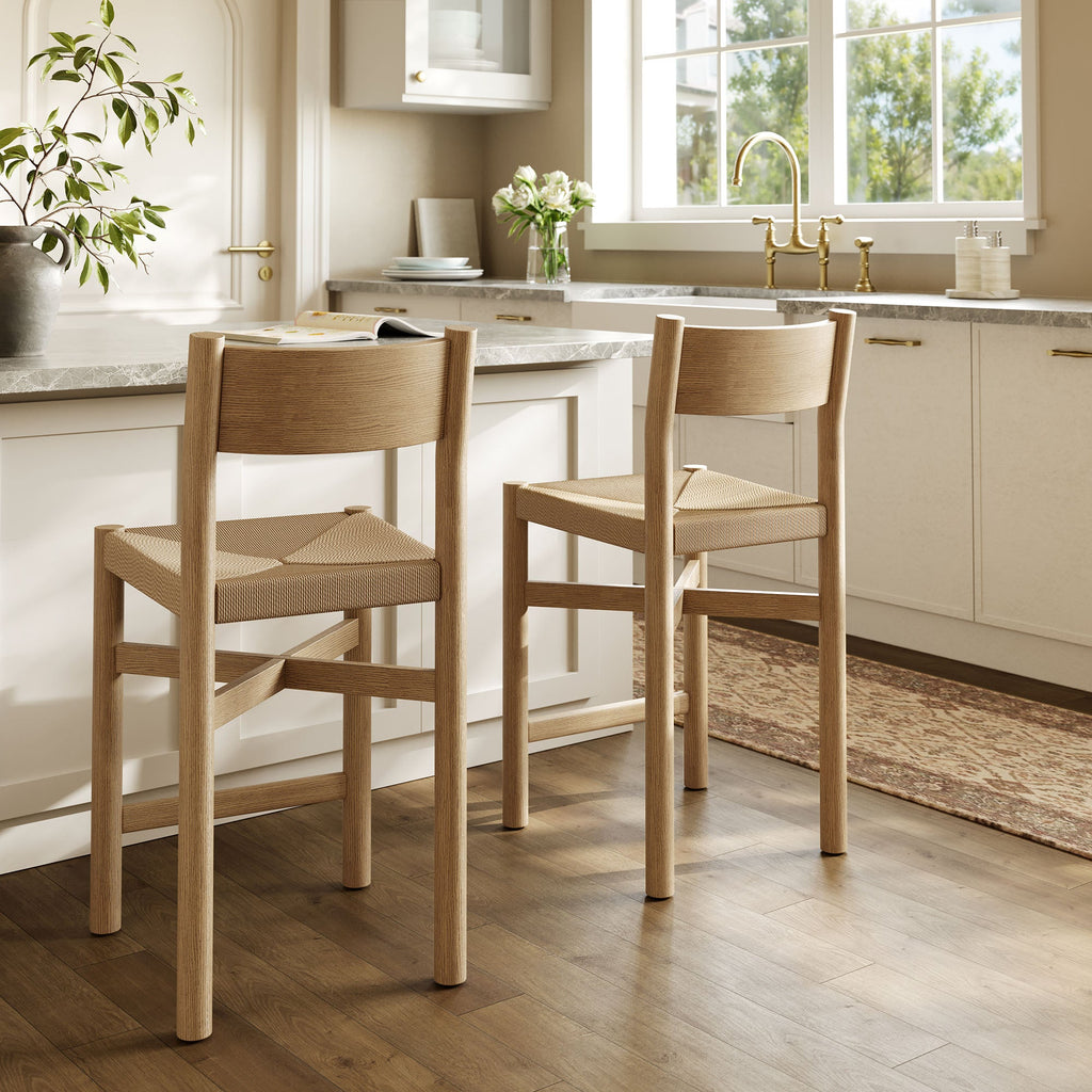 Tabourets de comptoir en bois de chêne Alvia avec assise tissée - Lot de 2