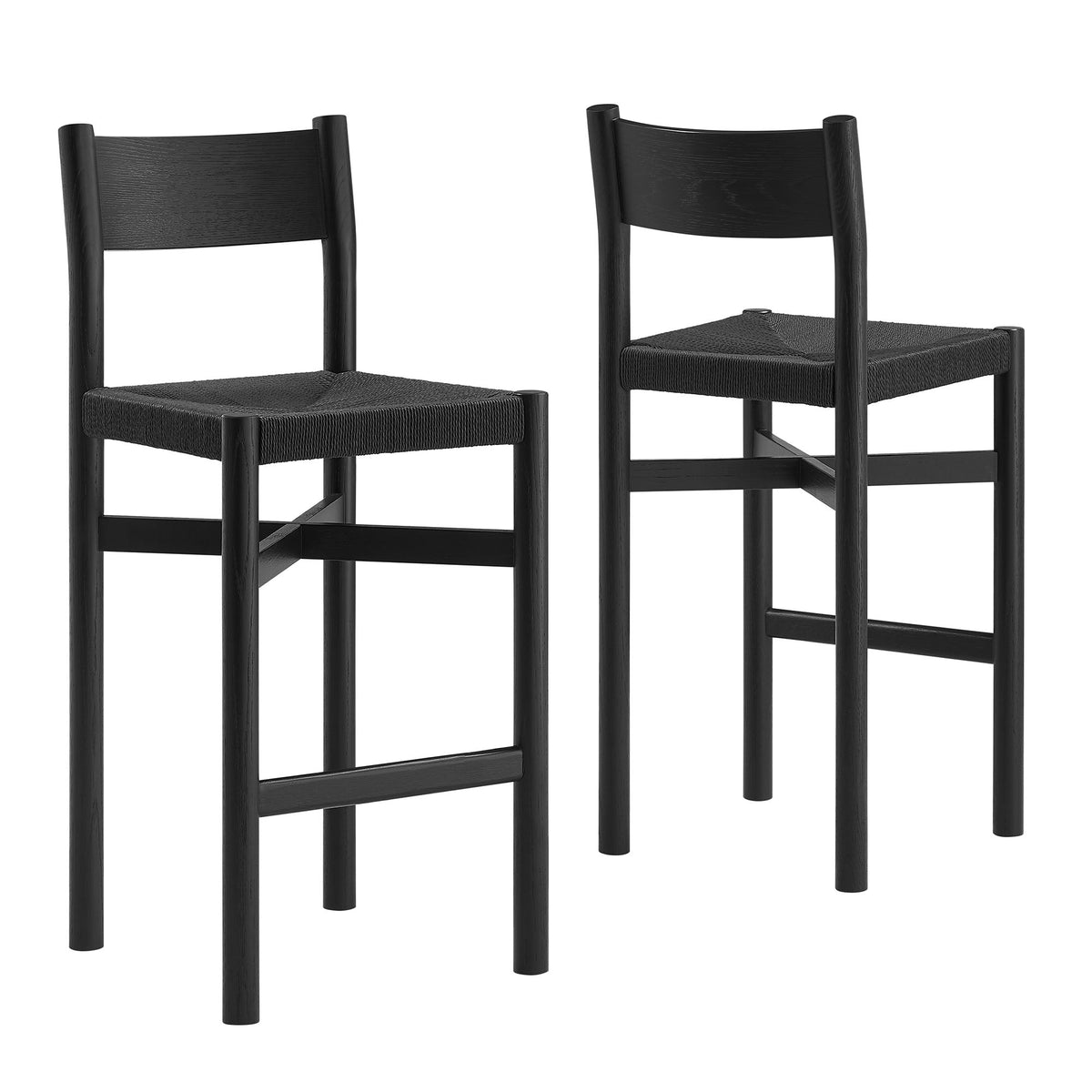 Tabourets de bar Alvia en bois de chêne avec assise tressée, lot de 2