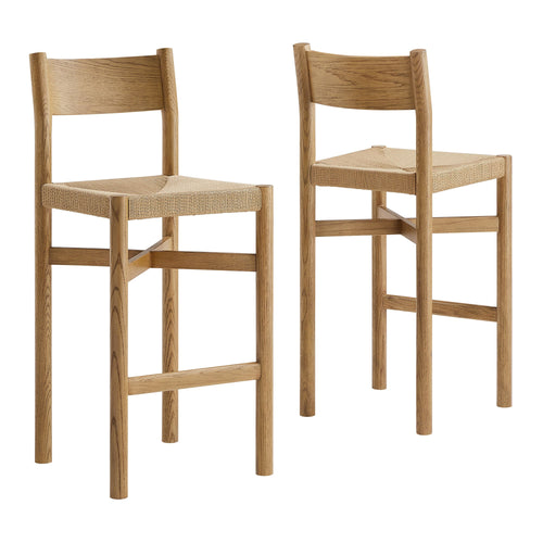 Tabourets de bar Alvia en bois de chêne avec assise tressée, lot de 2