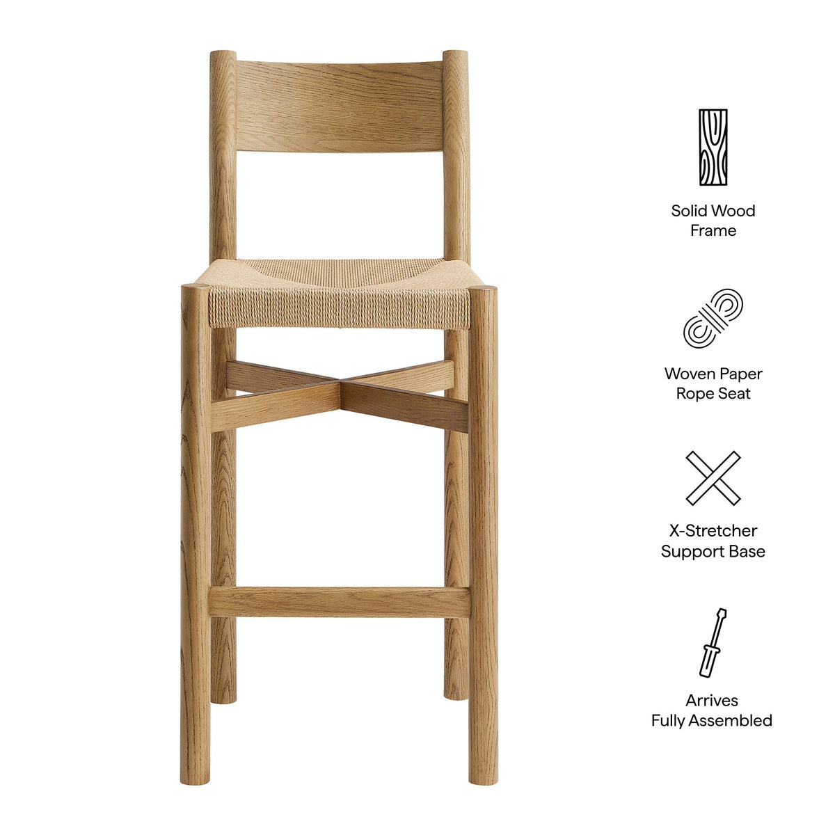 Tabourets de bar Alvia en bois de chêne avec assise tressée, lot de 2