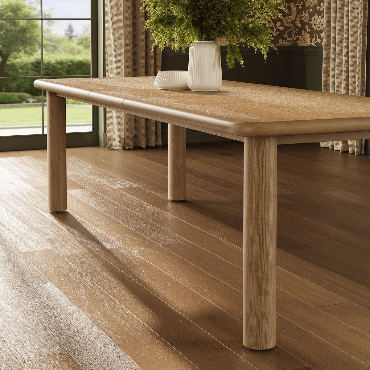 Table de salle à manger rectangulaire extensible en bois de chêne Alvia 86"-105"
