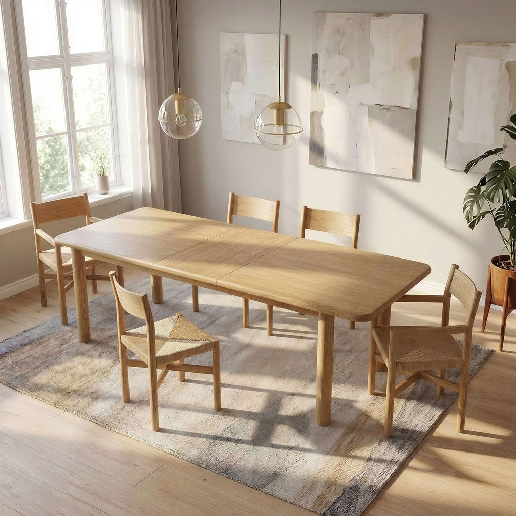Table de salle à manger rectangulaire extensible en bois de chêne Alvia 86"-105"