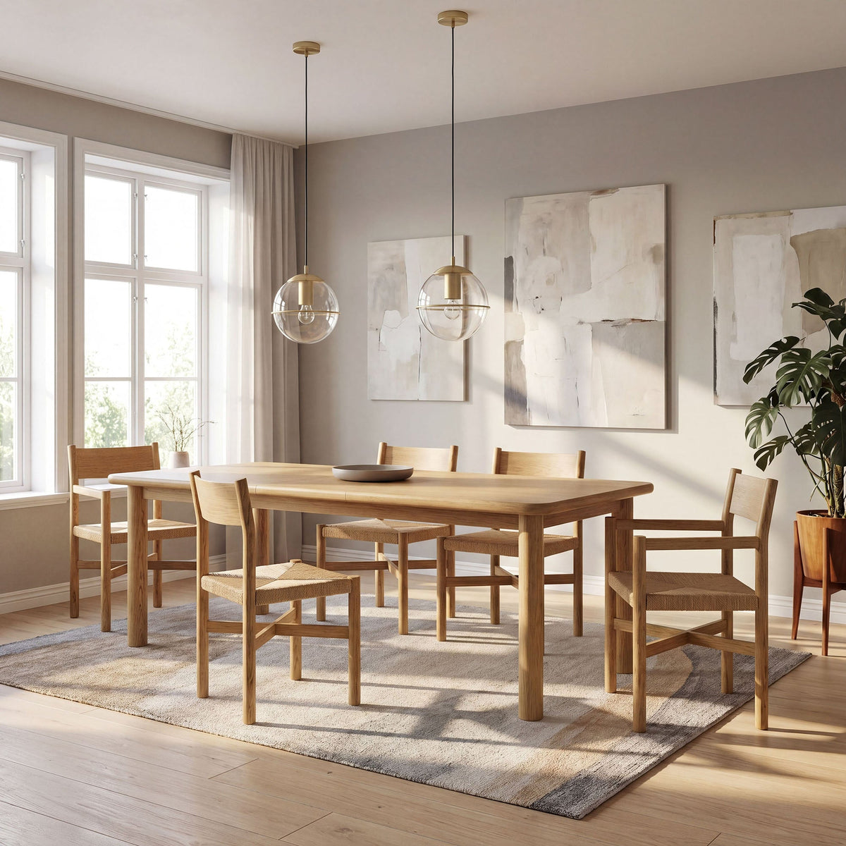 Table de salle à manger rectangulaire extensible en bois de chêne Alvia 86"-105"