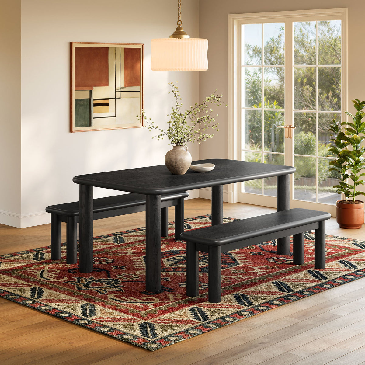 Ensemble table et bancs de salle à manger Alvia 3 pièces en bois de chêne