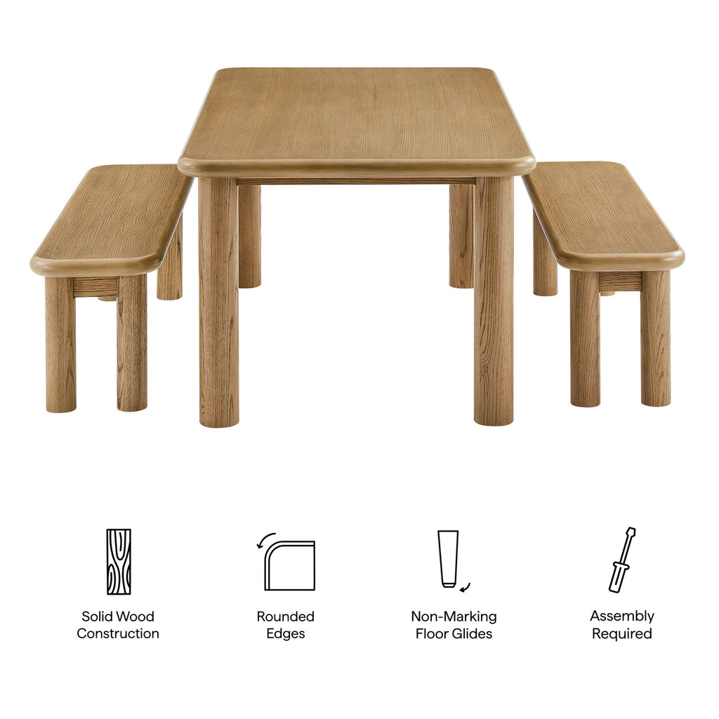 Ensemble table et bancs de salle à manger Alvia 3 pièces en bois de chêne