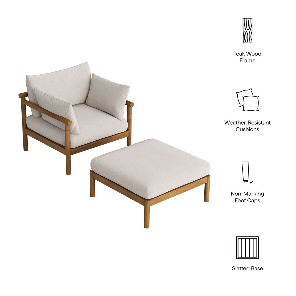 Ensemble fauteuil et repose-pieds d'extérieur Eleni en teck 2 pièces