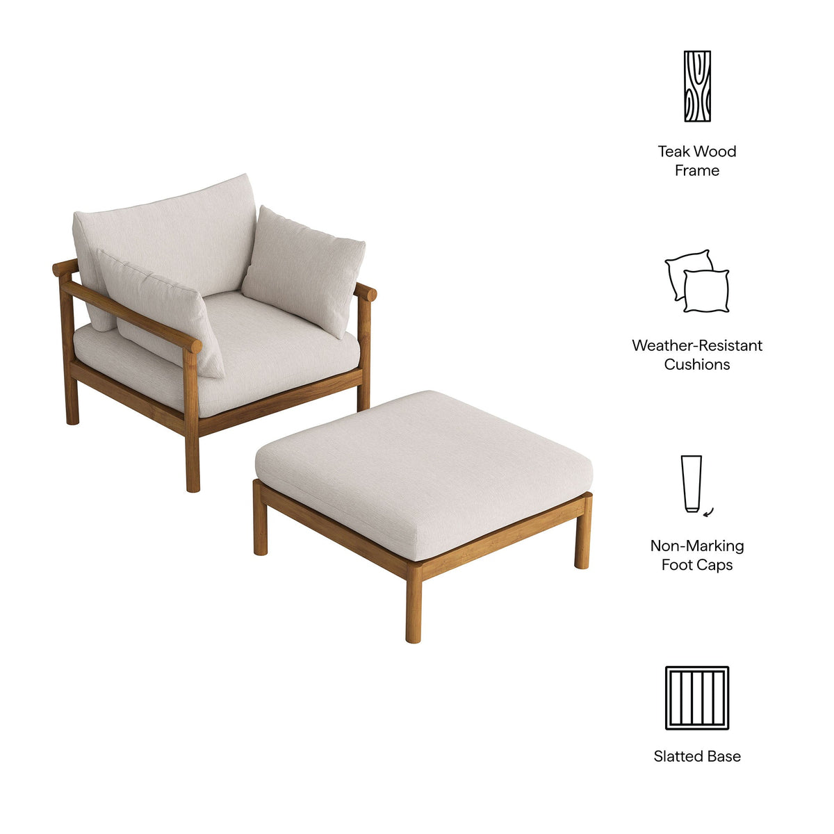 Ensemble fauteuil et repose-pieds d'extérieur Eleni en teck 2 pièces
