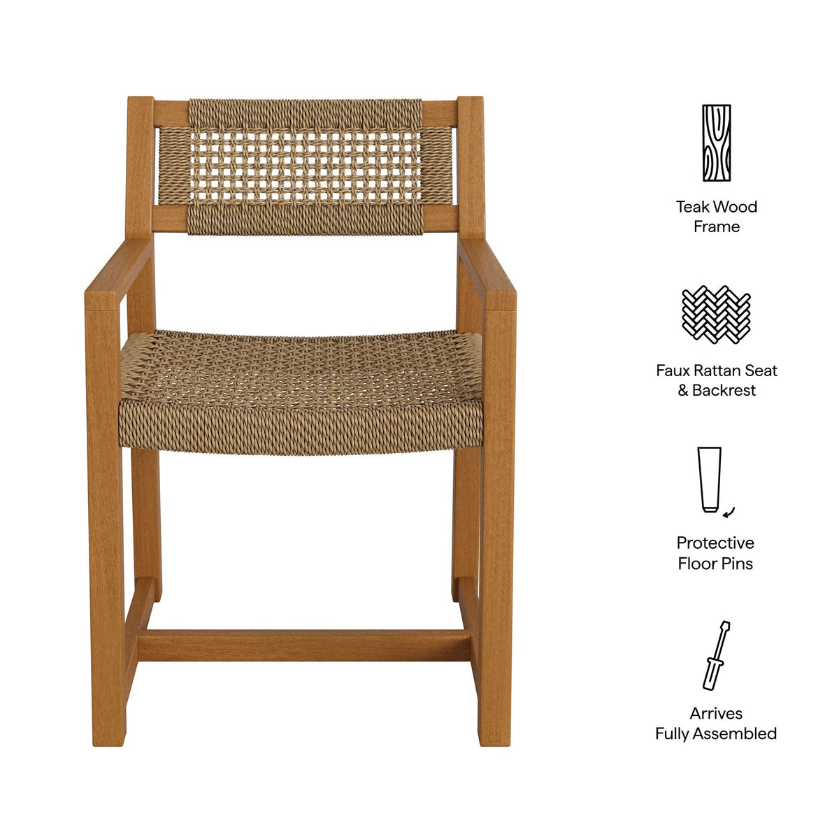 Chaise de salle à manger Reed en bois de teck et rotin pour l'extérieur