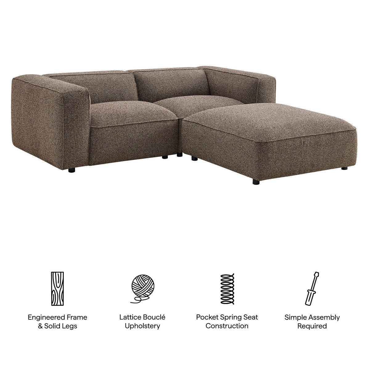 Causeuse modulaire rembourrée en bouclette Auren 3 pièces avec treillis et ottoman