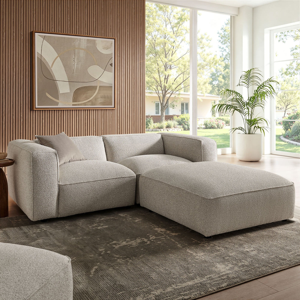 Causeuse modulaire rembourrée en bouclette Auren 3 pièces avec treillis et ottoman