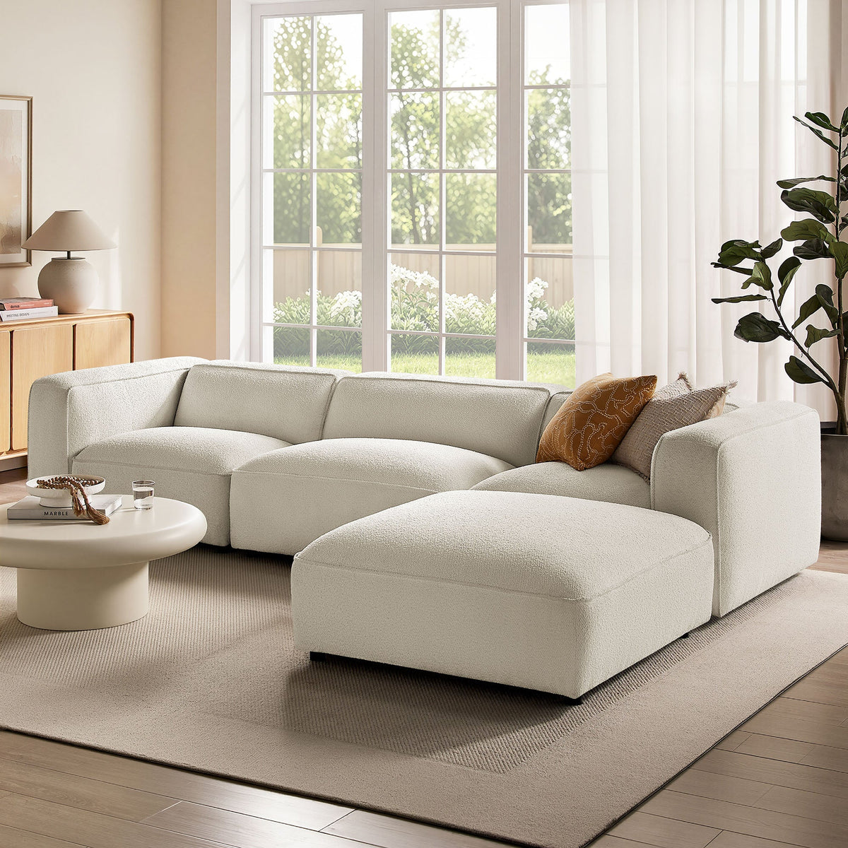 Canapé modulaire Auren 4 pièces en bouclette, motif treillis, avec pouf