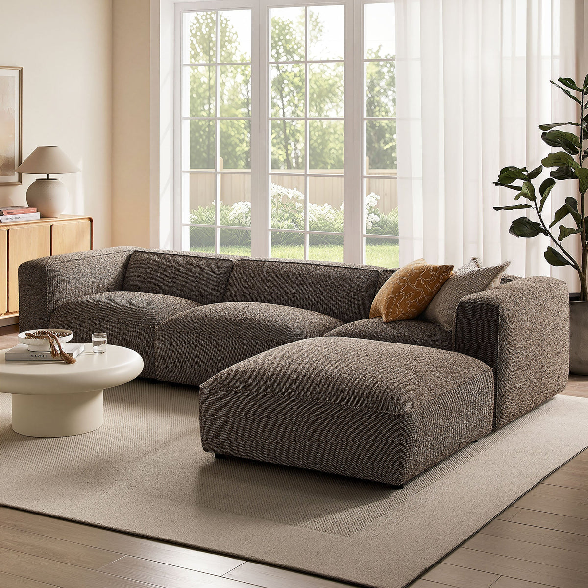 Canapé modulaire Auren 4 pièces en bouclette, motif treillis, avec pouf