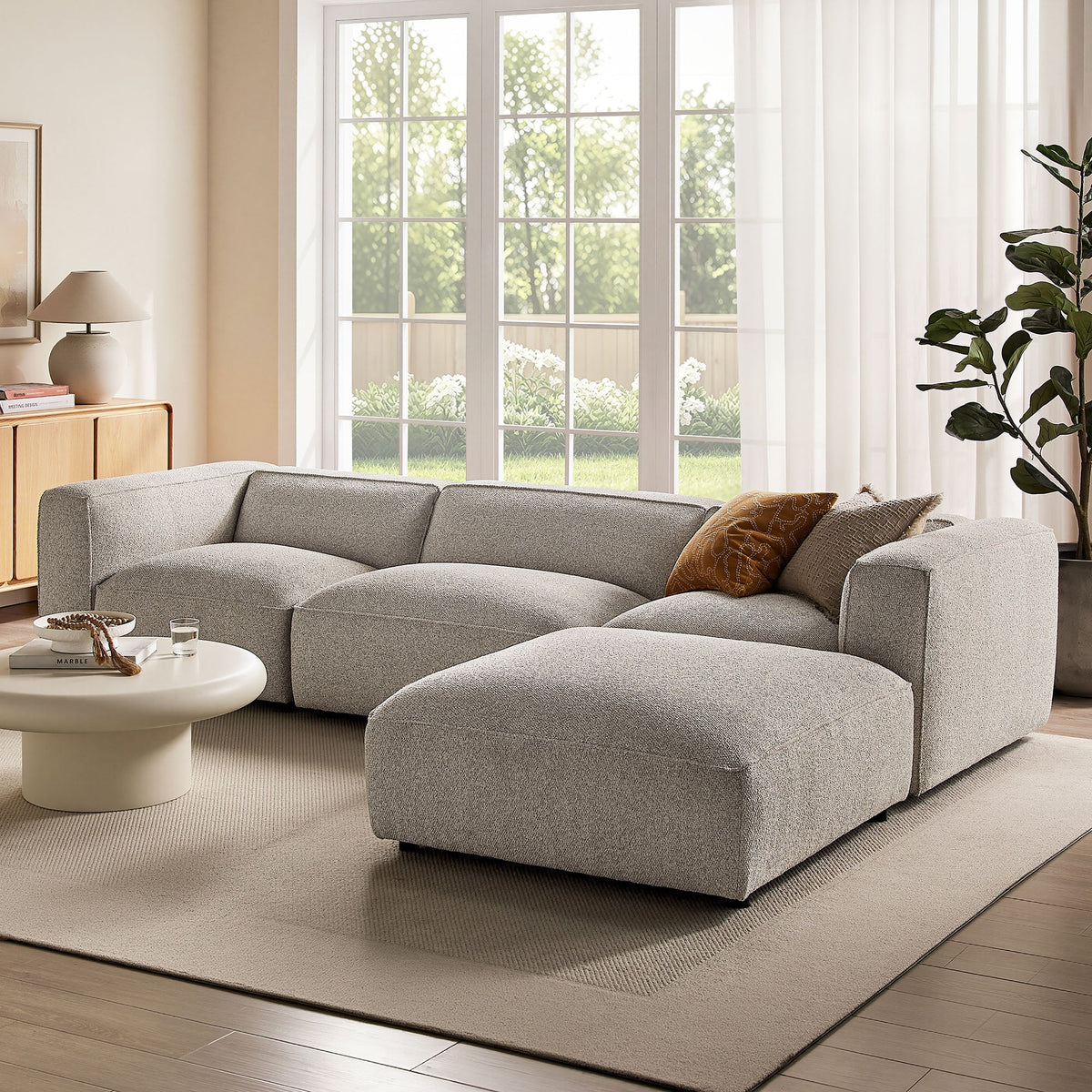 Canapé modulaire Auren 4 pièces en bouclette, motif treillis, avec pouf