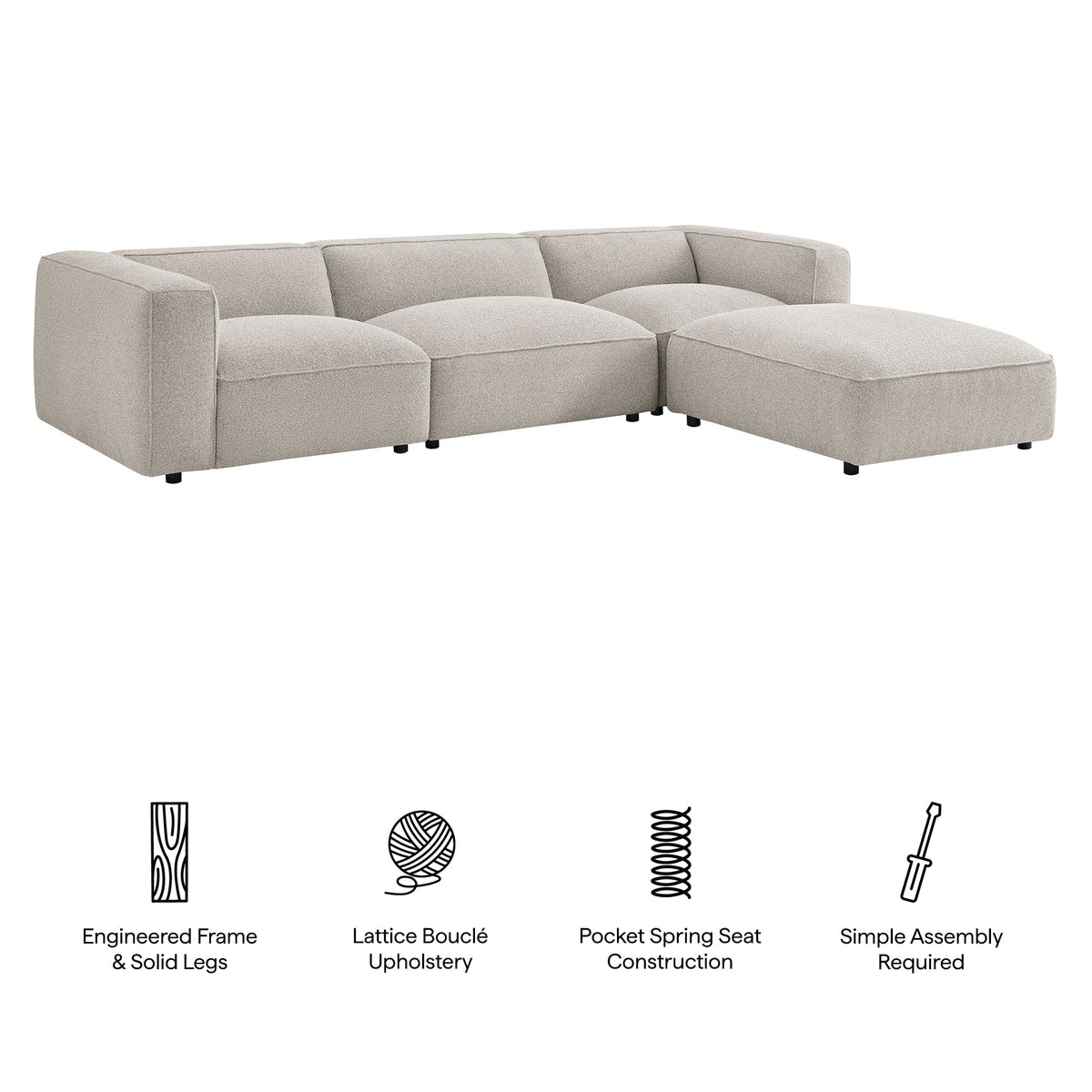 Canapé modulaire Auren 4 pièces en bouclette, motif treillis, avec pouf