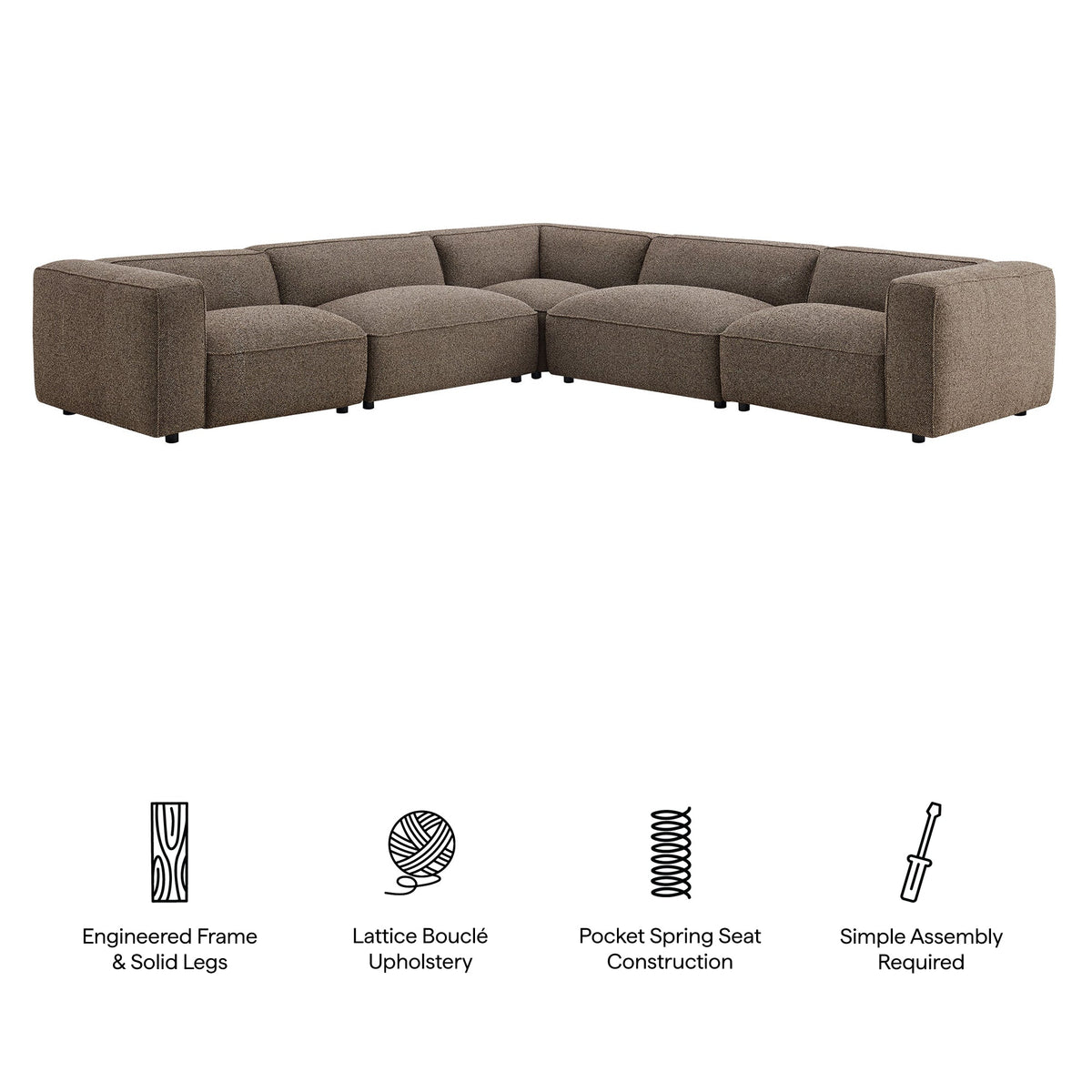 Sectionnel d'angle modulaire capitonné Auren 5 pièces en bouclette à motif lattis