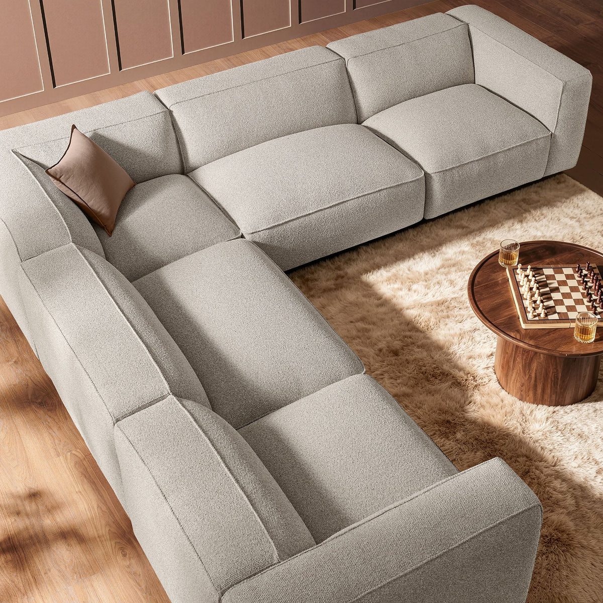 Sectionnel d'angle modulaire capitonné Auren 5 pièces en bouclette à motif lattis