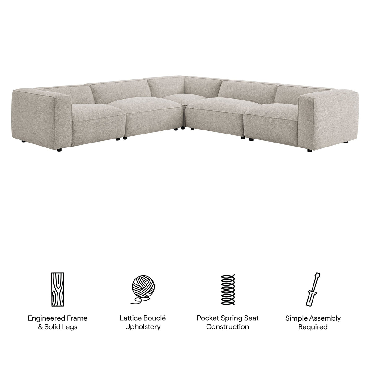 Sectionnel d'angle modulaire capitonné Auren 5 pièces en bouclette à motif lattis