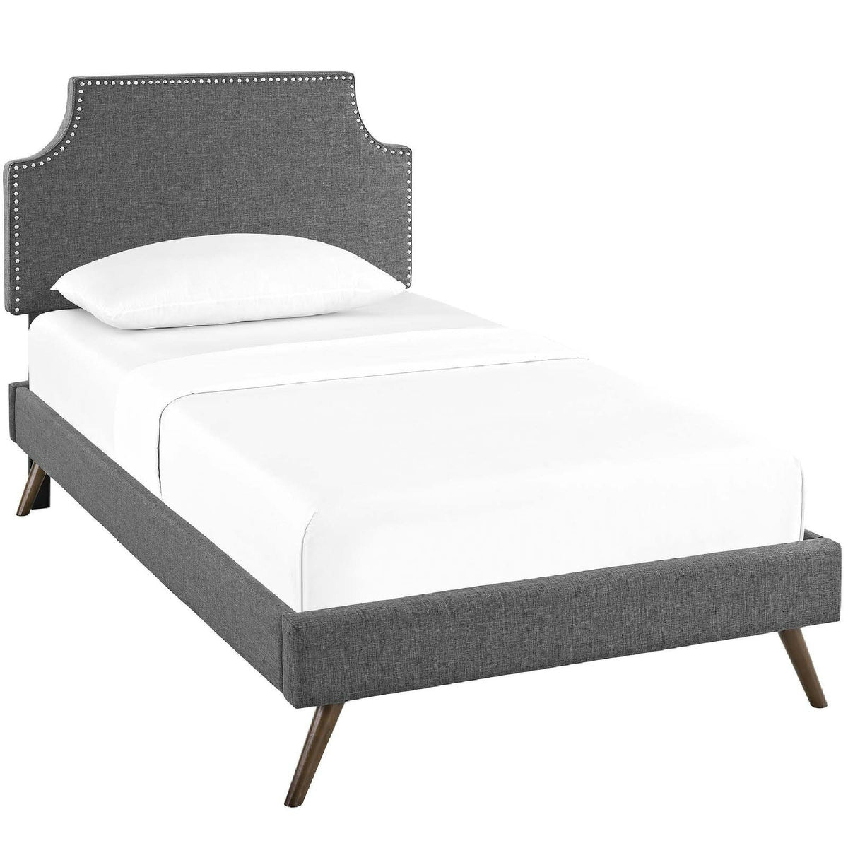 Lit plateforme Laura en tissu avec pieds ronds évasés