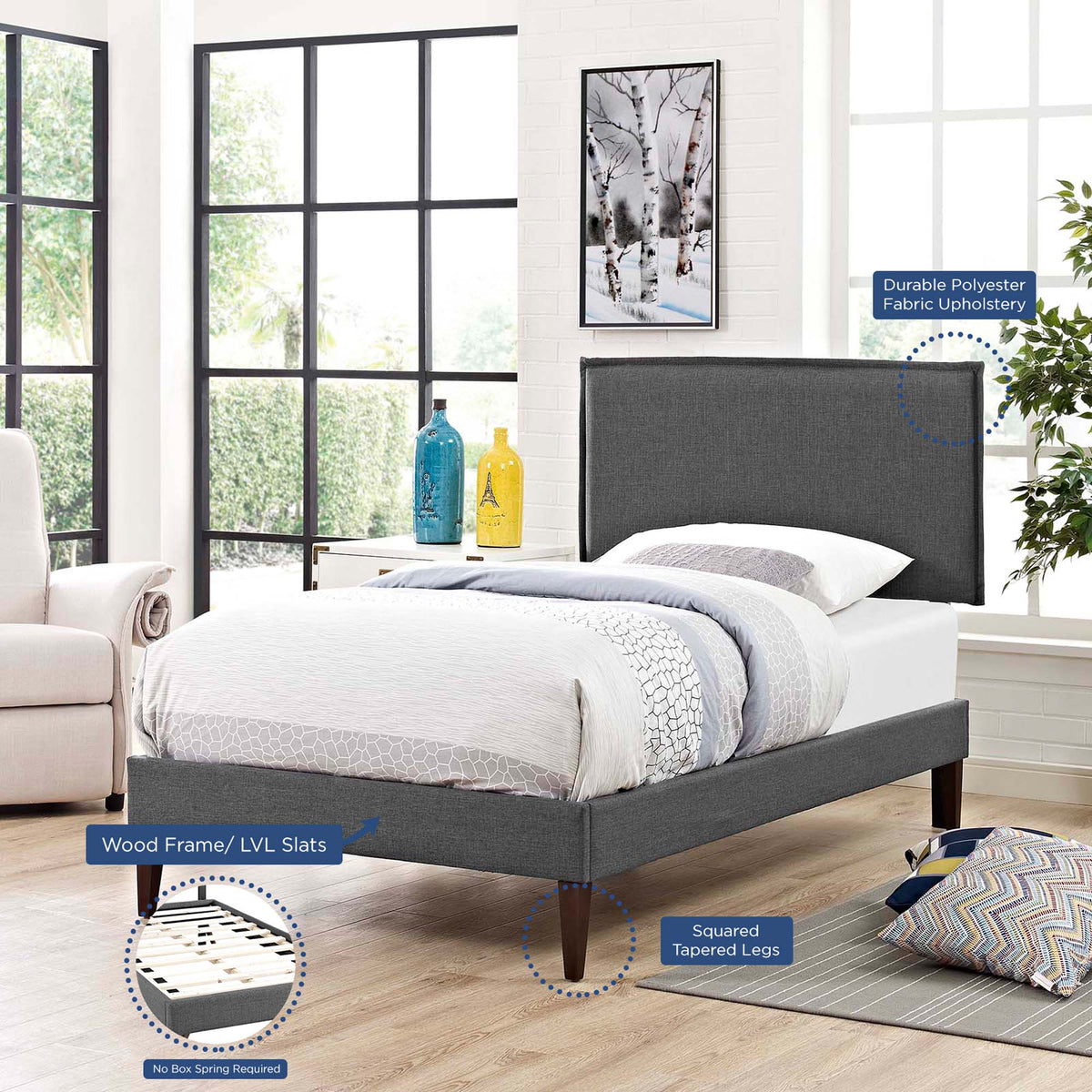 Lit plateforme Amaris en tissu avec pieds carrés effilés