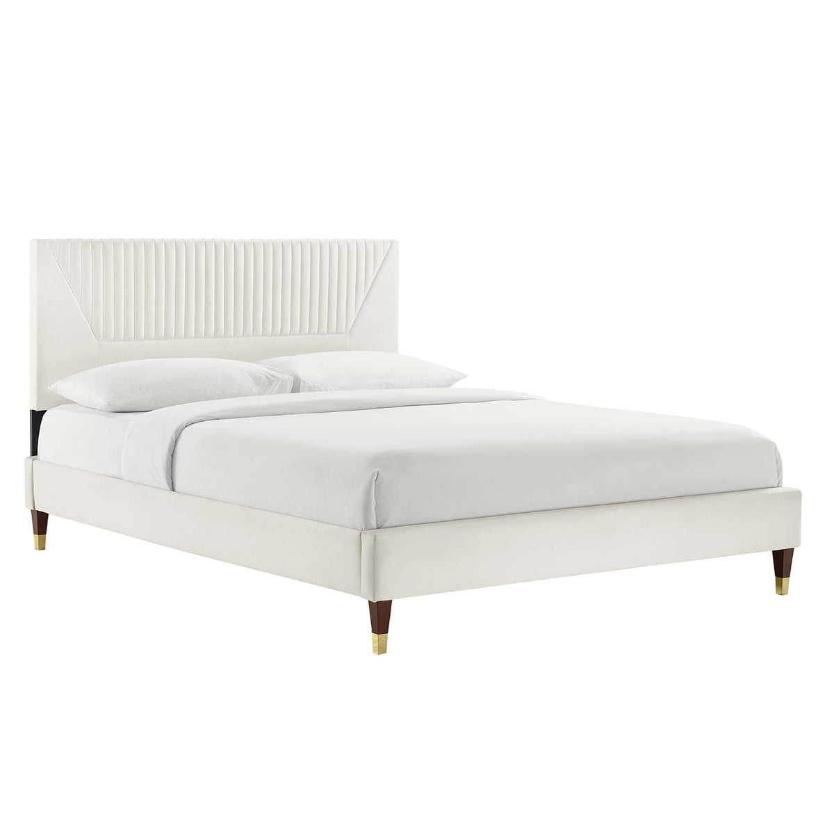 Lit Plateforme Yasmine Channel Capitonnée en Velours Haute Performance avec Pieds en Bois et Or
