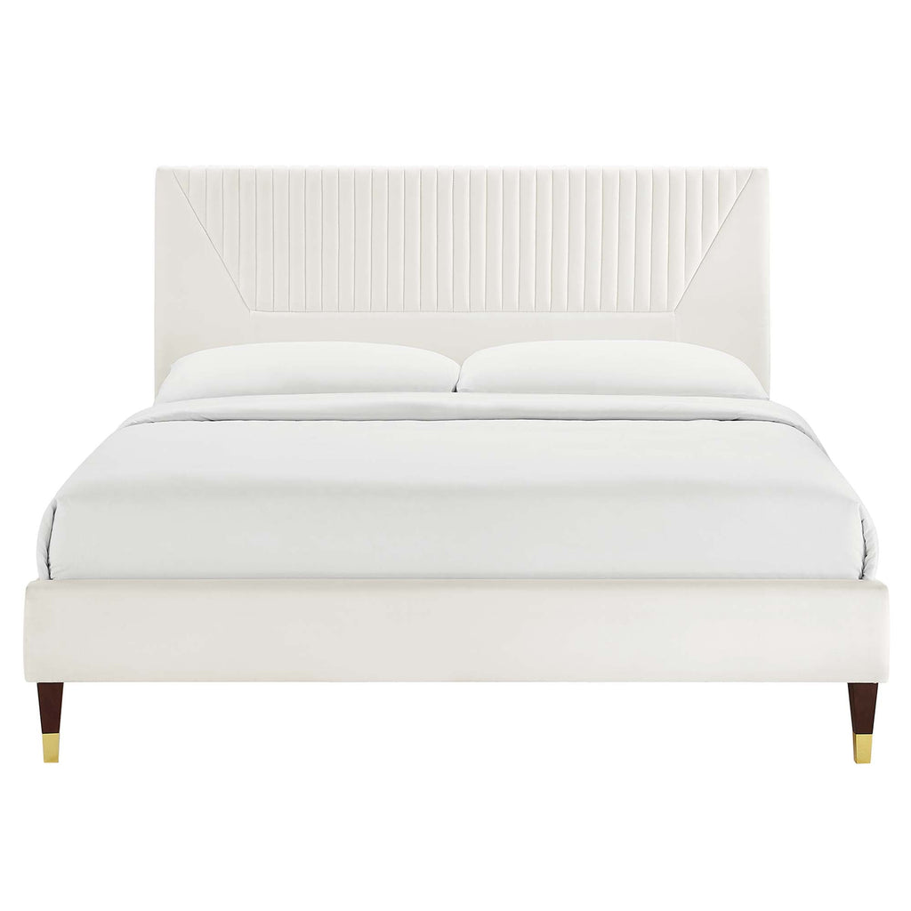 Lit Plateforme Yasmine Channel Capitonnée en Velours Haute Performance avec Pieds en Bois et Or