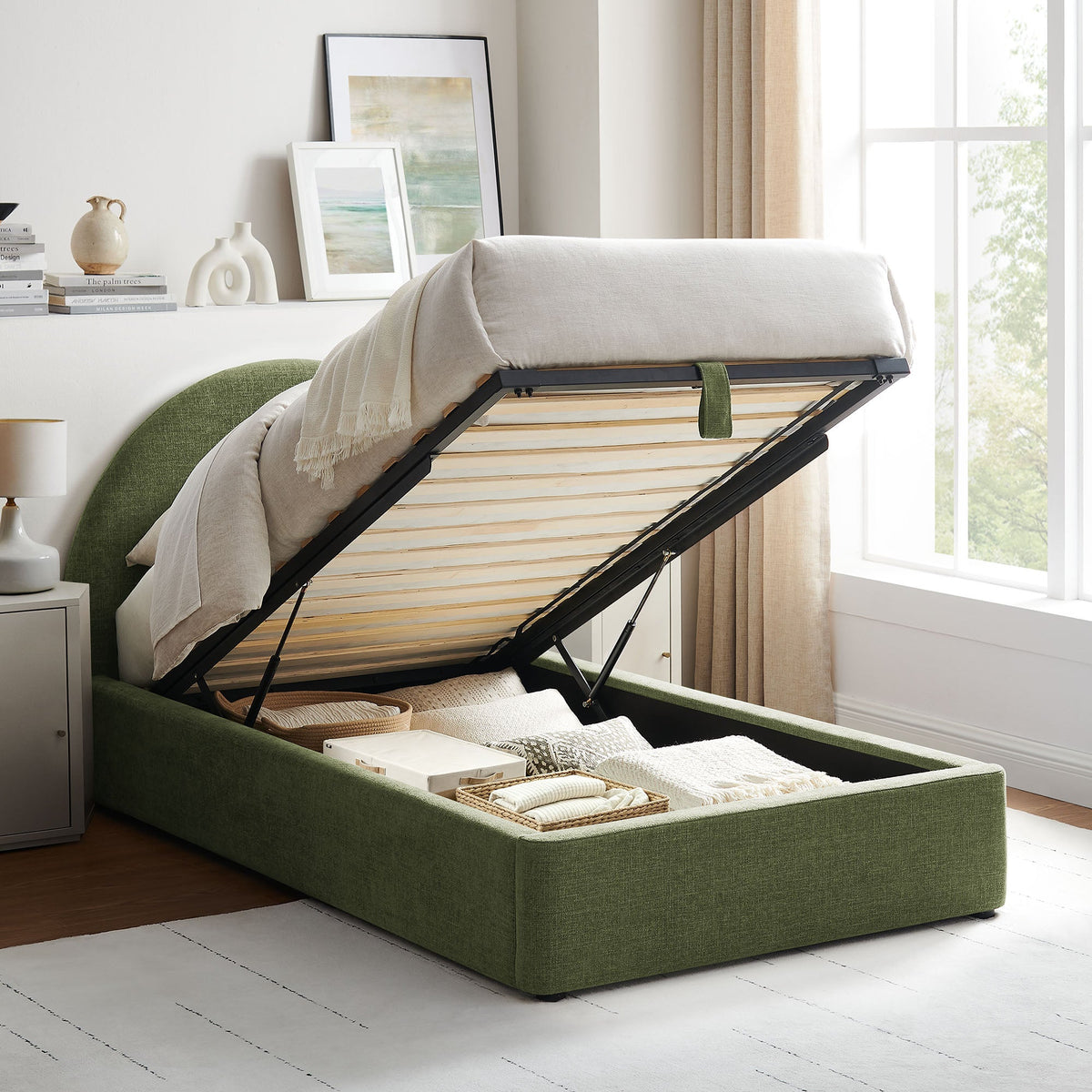 Cadre de lit plateforme rembourré en tissu avec rangement Resort