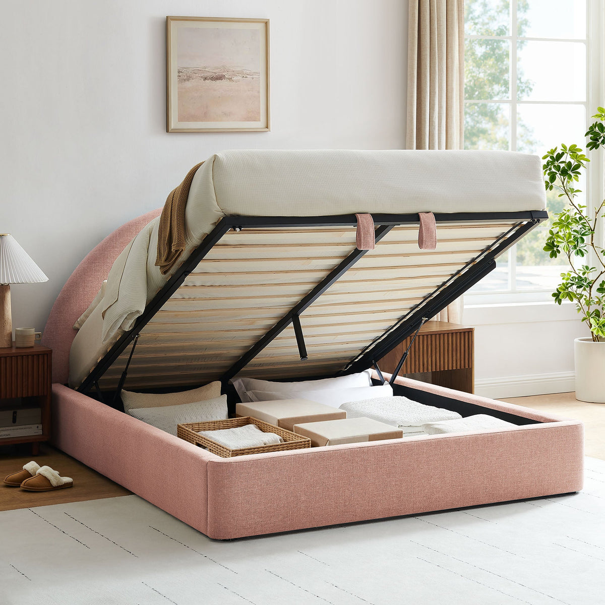 Cadre de lit plateforme rembourré en tissu avec rangement Resort