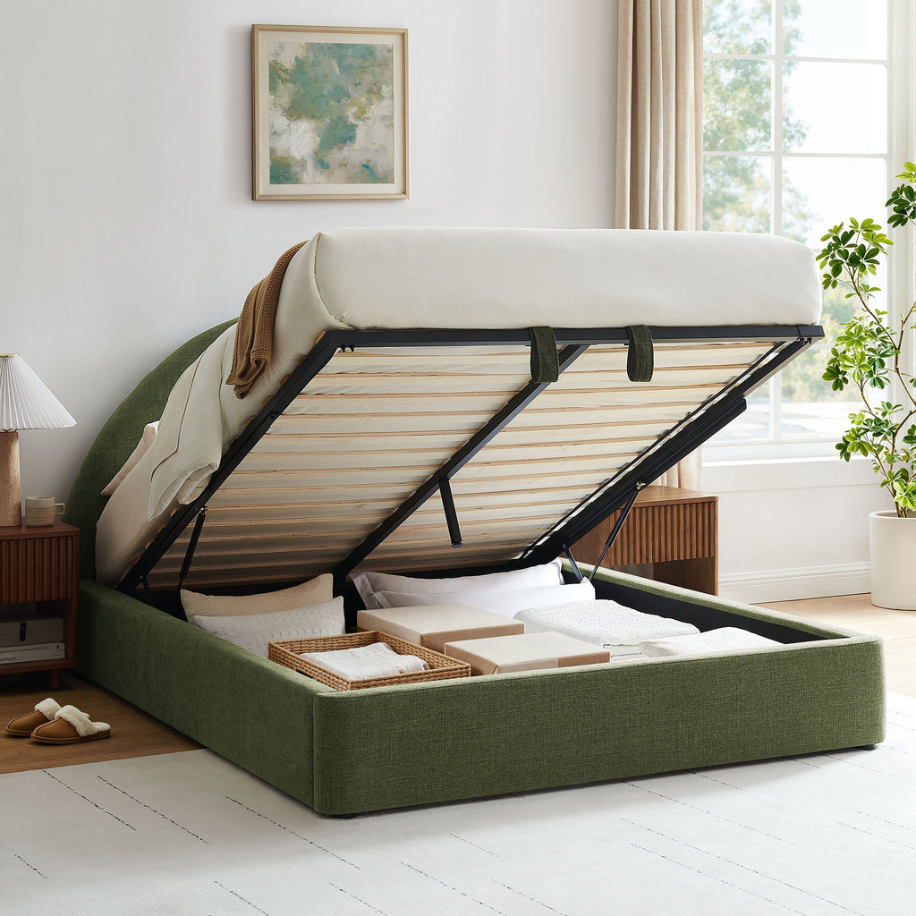 Cadre de lit plateforme rembourré en tissu avec rangement Resort